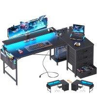 Odk 63 Inch Gaming Desk With Led Lights & Usb Power Outlets, Reversible L Shaped Computer Desk With 4 Drawers, Corner Gamer Desk With Cpu Shelf & Monitor Stand, Gaming Table For Bedroom, Black