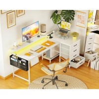 Odk 55 Inch Reversible L Shaped Computer Desk With 4 Drawers, Gaming Desk With Led Lights & Usb Power Outlets, Corner Office Desk With Cpu Shelf & Monitor Stand, Study/Writing Table For Bedroom, White