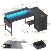 Odk 55 Inch Gaming Desk With Led Lights & Usb Power Outlets, Reversible L Shaped Computer Desk With 4 Drawers, Corner Gamer Desk With Cpu Shelf & Monitor Stand, Gaming Table For Bedroom, Black