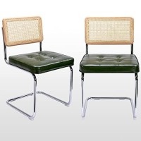 Zesthouse Mid-Century Modern Dining Chairs, Upholstered Tufted Faux Leather Accent Chairs Rattan Dining Chairs Set Of 2, Armless Mesh Back Cane Chairs With Metal Chrome Legs, Green