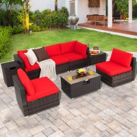 Tangkula 8 Piece Outdoor Wicker Sofa Set, Patio Rattan Conversation Set W/32??Propane Fire Pit Table & Tank Holder, 40,000 Btu Heat Output, Cozy Seat & Back Cushions, Fire Pit Pvc Cover (Red)