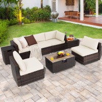 Tangkula 8 Piece Outdoor Wicker Sofa Set, Patio Rattan Conversation Set W/32??Propane Fire Pit Table & Tank Holder, 40,000 Btu Heat Output, Cozy Seat & Back Cushions, Fire Pit Pvc Cover (Off White)