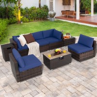 Tangkula 8 Piece Outdoor Wicker Sofa Set, Patio Rattan Conversation Set W/32??Propane Fire Pit Table & Tank Holder, 40,000 Btu Heat Output, Cozy Seat & Back Cushions, Fire Pit Pvc Cover (Navy)