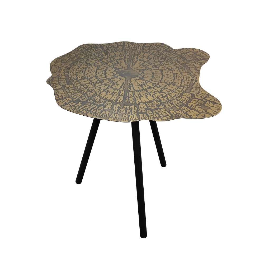 16 Inch Iron Accent End Table, Abstract Tabletop, Artisanal Engravings, Antique Brass, Black(D0102H5T3J2)