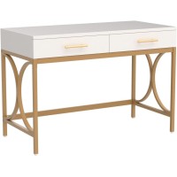 Tribesigns Modern Computer Desk With 2 Drawers, 41 Inches Study Writing Office Desk For Home Office, Bedroom, Makeup Vanity Table Desk With Gold Metal Frame, White & Gold