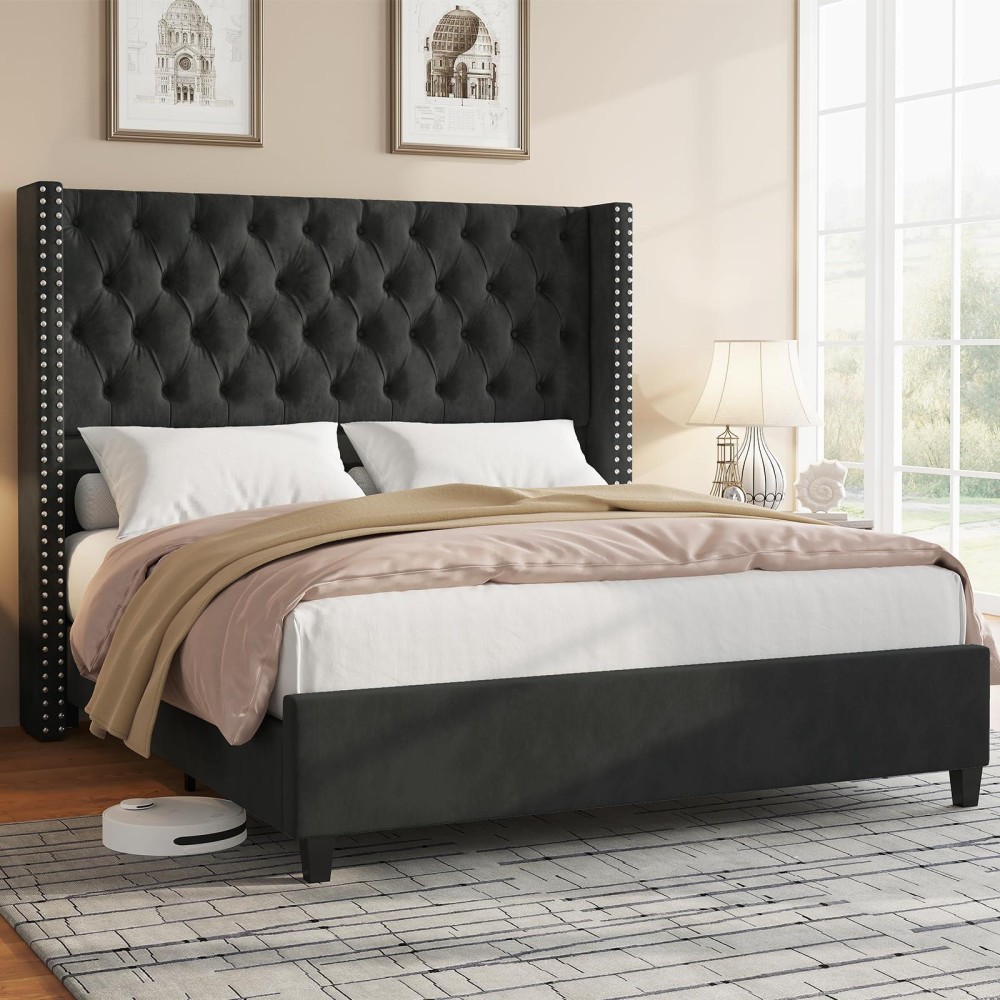 Jocisland Queen Upholstered Bed Frame With Tall Headboard Wingback Platform Bed Tufted Deep Button Velvet/No Box Spring Needed/Easy Assembly/Black