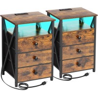 Amhancible Nightstands Set Of 2, Led Night Stands With Charging Station, End Side Tables With Usb Port & Outlet, Bedside Tables With Fabric Drawers For Bedroom Living Room Het053Lbr