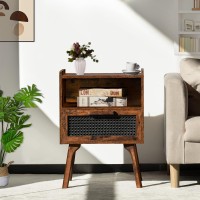 Lerliuo Rattan Nightstand Side Table With Drawer Open Shelf Cane Accent Bedside End Table With Solid Wood Legs Mid Century Mo