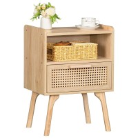 Lerliuo Rattan Nightstand Boho Side Table With Drawer Open Shelf Cane Accent Bedside End Table With Solid Wood Legs For Bedroo