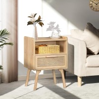 Lerliuo Rattan Nightstand Boho Side Table With Drawer Open Shelf Cane Accent Bedside End Table With Solid Wood Legs For Bedroo