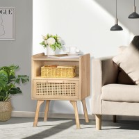 Lerliuo Rattan Nightstand Boho Side Table With Drawer Open Shelf Cane Accent Bedside End Table With Solid Wood Legs For Bedroo