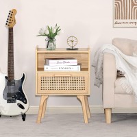 Lerliuo Rattan Nightstand Boho Side Table With Drawer Open Shelf Cane Accent Bedside End Table With Solid Wood Legs For Bedroo