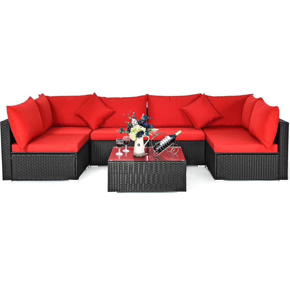 Relax4Life 7-Piece Outdoor Furniture Set - Patio Wicker Sofa Set W/Tempered Glass Top Coffee Table & Soft Cushions, Sectional Conversation Set For Backyard, Garden, Poolside (Red)