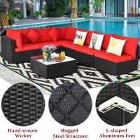 Relax4Life 7-Piece Outdoor Furniture Set - Patio Wicker Sofa Set W/Tempered Glass Top Coffee Table & Soft Cushions, Sectional Conversation Set For Backyard, Garden, Poolside (Red)
