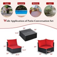 Relax4Life 7-Piece Outdoor Furniture Set - Patio Wicker Sofa Set W/Tempered Glass Top Coffee Table & Soft Cushions, Sectional Conversation Set For Backyard, Garden, Poolside (Red)