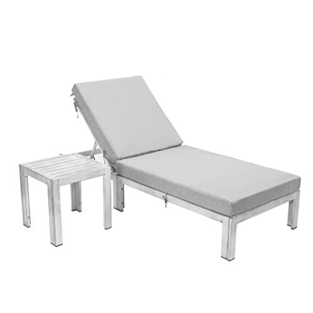 Leisuremod Chelsea Modern Outdoor Weathered Grey Chaise Lounge Chair With Side Table & Cushions