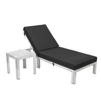Leisuremod Chelsea Modern Outdoor Weathered Grey Chaise Lounge Chair With Side Table & Cushions