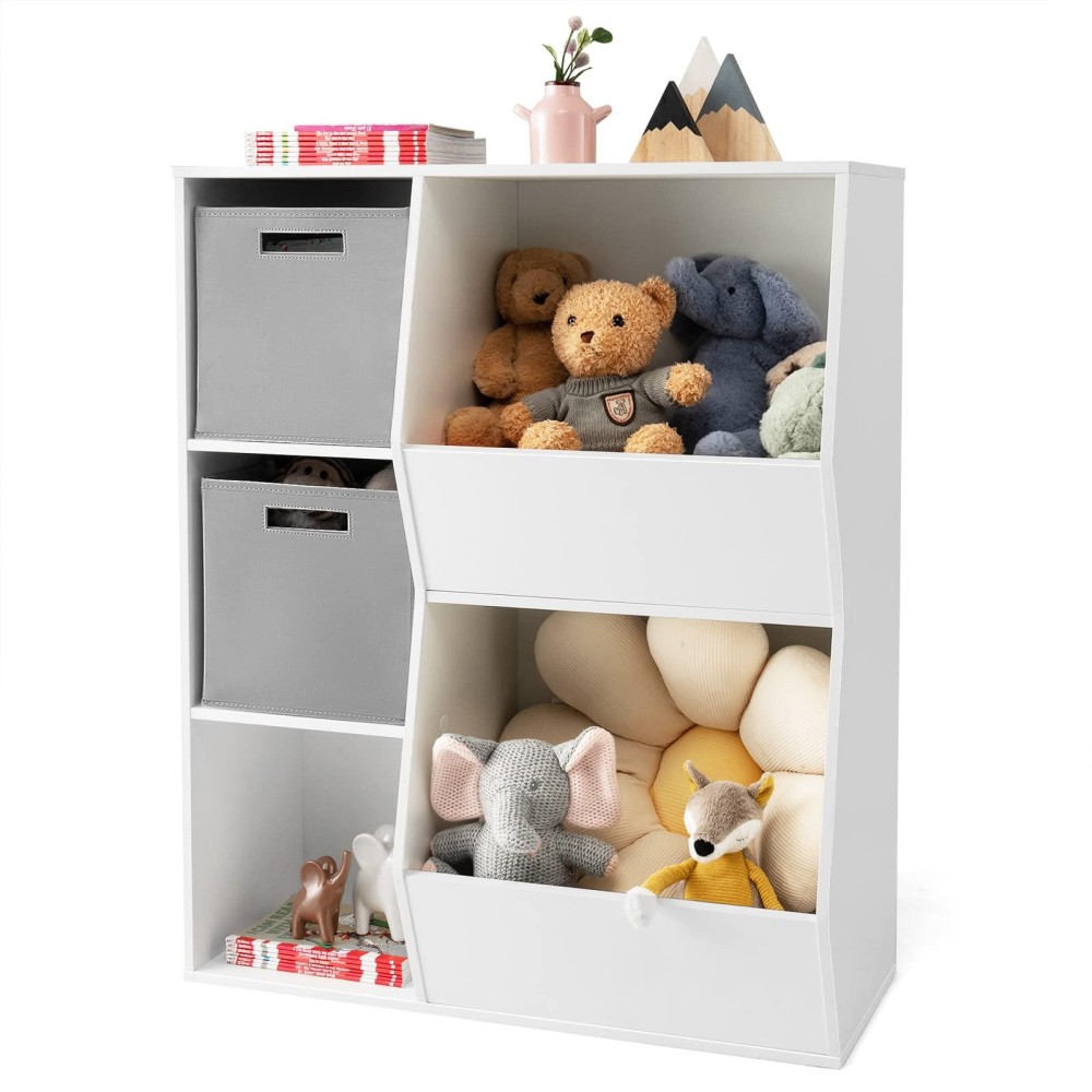 Honey Joy 5 Cubbies Kids Toy Storage Organizer, Children Bookcase And Bookshelf W/2 Storage Boxes, Wooden Muti-Bins Toy Storage Display Cabinet For Playroom, Nursery, Daycare, Kindergarten