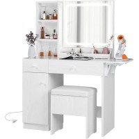 Ironck Vanity Desk With Led Lighted Mirror Power Outlet Makeup Table With Drawers Cabinet Storage Stool For Bedroom White