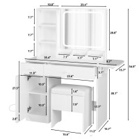 Ironck Vanity Desk With Led Lighted Mirror Power Outlet Makeup Table With Drawers Cabinet Storage Stool For Bedroom White