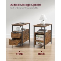 Vasagle Side Table With Charging Station, Narrow End Table With 2 Drawers, Slim Nightstand And Bedside Table With Storage, For Small Spaces, Rustic Brown + Black
