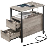 Vasagle Side Table With Charging Station, Narrow End Table With 2 Drawers, Slim Nightstand And Bedside Table With Storage, For Small Spaces, Greige + Black