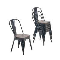 Nazhura Metal Dining Chair Farmhouse Tolix Style For Kitchen Dining Room Caf? Restaurant Bistro Patio, 18 Inch, Stackable, Waterproof Indoor/Outdoor (Sets Of 4) (Black With Wood Padding)