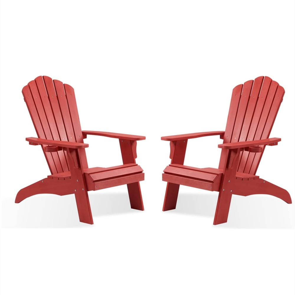 Psilvam Adirondack Chair, Oversized Poly Lumber Fire Pit Chair With Cup Holder, 350Lbs Support Patio Chairs For Garden, Weather Resistant Outdoors Seating, Relaxing Gift For Father & Mother (2, Red)
