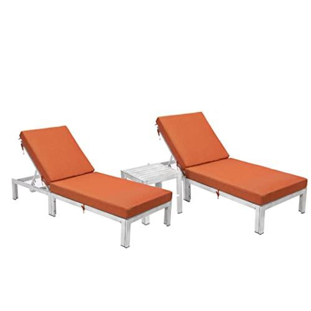 Leisuremod Chelsea Modern Outdoor Weathered Grey Chaise Lounge Chair Set Of 2 With Side Table & Cushions