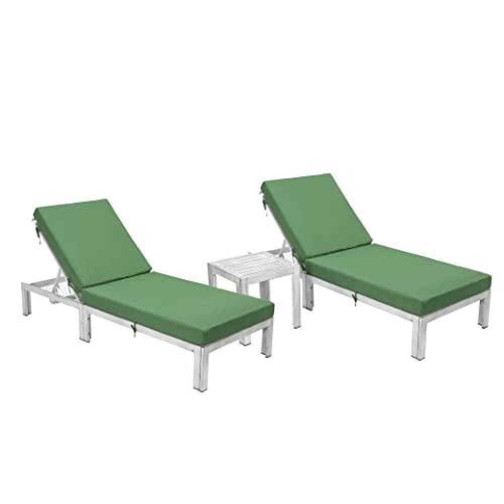 Leisuremod Chelsea Modern Outdoor Weathered Grey Chaise Lounge Chair Set Of 2 With Side Table & Cushions