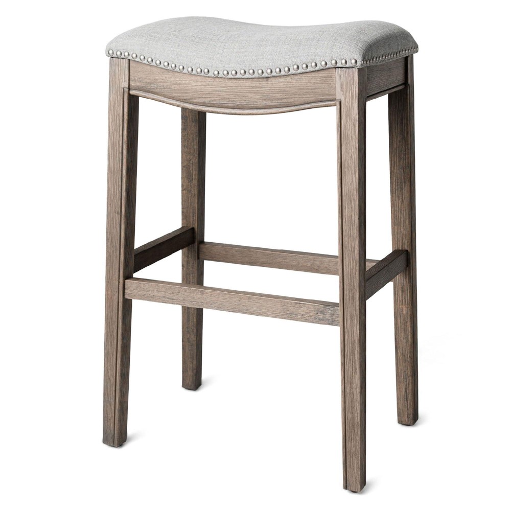 Maven Lane Adrien 31 Inch Bar Height Upholstered Backless Saddle Barstool In Reclaimed Oak Finish With Ash Grey Fabric Cushion Seat
