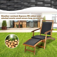 Relax4Life Patio Chaise Lounge Chair - Acacia Wood Folding Rattan Wicker Chair W/Retractable Footrest, Space-Saving Ergonomic Deck Chair For Garden, Poolside, Patio