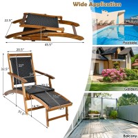 Relax4Life Patio Chaise Lounge Chair - Acacia Wood Folding Rattan Wicker Chair W/Retractable Footrest, Space-Saving Ergonomic Deck Chair For Garden, Poolside, Patio