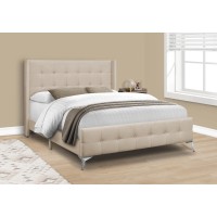 Bed Queen Size Bedroom Frame Upholstered Beige Linen Look Chrome Metal Legs Transitional