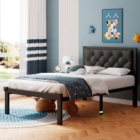 Ipormis Twin Size Metal Bed Frame Faux Leather Platform Bed Frame With Button Tufted Headboard 12 Underbed Space Steel Slat