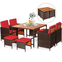 Relax4Life 9-Piece Outdoor Dining Set - Patio Wicker Furniture Set W/Acacia Wood Tabletop, Soft Seat & Back Cushions, Dining Table & Chair Set For Backyard, Poolside (Red)
