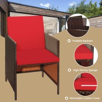 Relax4Life 9-Piece Outdoor Dining Set - Patio Wicker Furniture Set W/Acacia Wood Tabletop, Soft Seat & Back Cushions, Dining Table & Chair Set For Backyard, Poolside (Red)