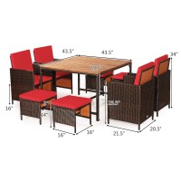 Relax4Life 9-Piece Outdoor Dining Set - Patio Wicker Furniture Set W/Acacia Wood Tabletop, Soft Seat & Back Cushions, Dining Table & Chair Set For Backyard, Poolside (Red)