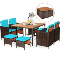 Relax4Life 9-Piece Outdoor Dining Set - Patio Wicker Furniture Set W/Acacia Wood Tabletop, Soft Seat & Back Cushions, Dining Table & Chair Set For Backyard, Poolside (Turquoise)
