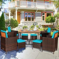 Relax4Life 9-Piece Outdoor Dining Set - Patio Wicker Furniture Set W/Acacia Wood Tabletop, Soft Seat & Back Cushions, Dining Table & Chair Set For Backyard, Poolside (Turquoise)