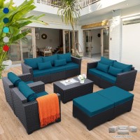 Rattaner Patio Furniture Set 7 Pieces Couch Outdoor Chairs Coffee Table Peacock Blue Antislip Cushions And Waterproof Covers