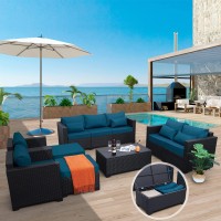 Rattaner Patio Furniture Set 7 Pieces Couch Outdoor Chairs Coffee Table Peacock Blue Antislip Cushions And Waterproof Covers