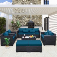 Rattaner Patio Furniture Set 7 Pieces Couch Outdoor Chairs Coffee Table Peacock Blue Antislip Cushions And Waterproof Covers