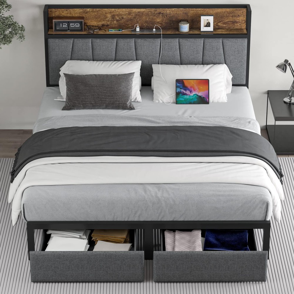 Cikunasi Full Size Bed Frame With Headboard And Storage Drawers Platform Bed Frame With Storage Chargin Station Led Light Bed F