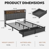 Cikunasi Full Size Bed Frame With Headboard And Storage Drawers Platform Bed Frame With Storage Chargin Station Led Light Bed F