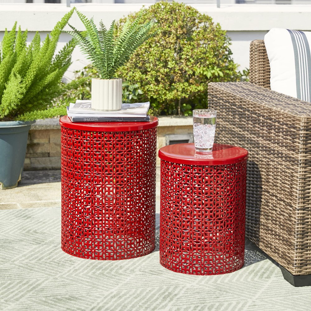 Glitzhome Outdoor Side Table Set Of 2 Decorative Garden Stool For Indoor Outdoor Heavy Duty Metal Frame Accent Table Modern End