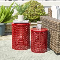 Glitzhome Outdoor Side Table Set Of 2 Decorative Garden Stool For Indoor Outdoor Heavy Duty Metal Frame Accent Table Modern End