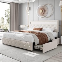 Keyluv Queen Led Bed Frame With 4 Storage Drawers, Velvet Upholstered Platform Bed With Adjustable Crystal Button Tufted Headboard And Solid Wooden Slats Support, No Box Spring Needed, Beige