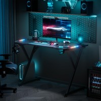 Hldirect 47 Inch Gaming Desk With Led Lights, Ergonomic Computer Table With Carbon Fibre Surface, Sturdy Pc Workstation Desk For Home Office With Headphone Hook, Cup Holder, Black