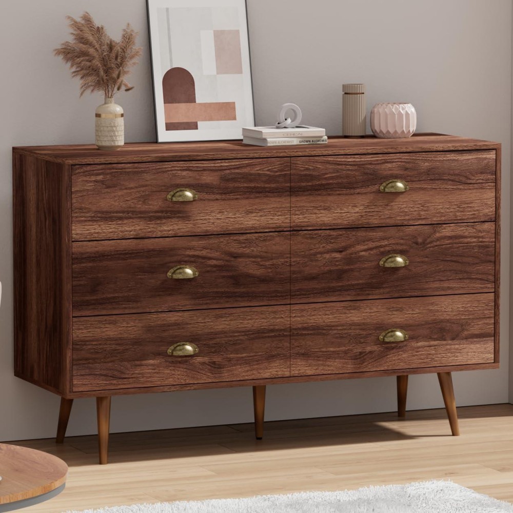 Lynsom Dresser For Bedroom, Modern 6 Drawer Dresser With Gold Handles, Wood Chest Of Drawers For Kids Bedroom, Living Room